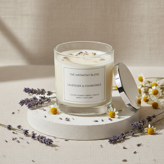 Lavender and Chamomile luxury scented candle in glass jar