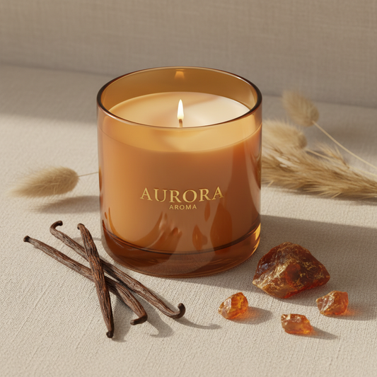 Vanilla and Amber luxury scented candle in amber glass jar