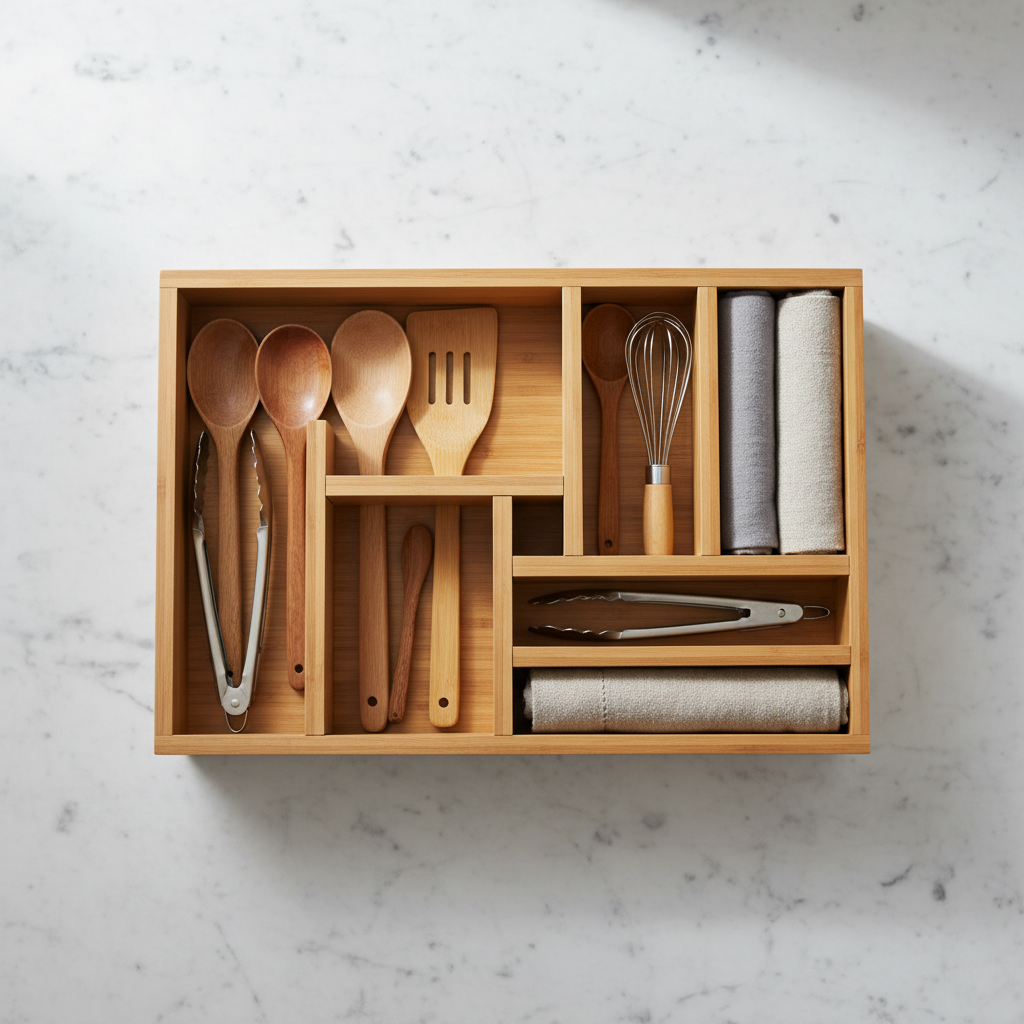 Bamboo kitchen drawer organizer with utensils